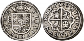 1608. Felipe III. Segovia. C. 2 reales. (Cal. 365). 6,40 g. Rara. MBC+.