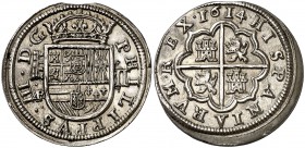 1614/1608. Felipe III. Segovia. /C. 2 reales. (Cal. falta). 6,79 g. Bellísima. Ex Áureo Selección 2003, nº 77. Muy rara y más así. EBC+.