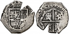 1599. Felipe III. Sevilla. B. 2 reales. (Cal. falta). 6,63 g. Tipo "OMNIVM". Orlas interiores. Grieta. Rara. (MBC-).