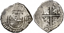 (16)11/0. Felipe III. Sevilla. B. 2 reales. (Cal. 384 var). 6,59 g. Acuñación floja. (MBC-).