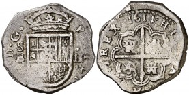 1611. Felipe III. Sevilla. B. 2 reales. (Cal. 384). 6,80 g. Preciosa pátina. Buen ejemplar para esta ceca. Rara así. MBC+.