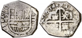 1614. Felipe III. Sevilla. V. 2 reales. (Cal. 389). 6,85 g. Acuñación algo floja, pero buen ejemplar para esta ceca. Muy escasa así. (MBC).