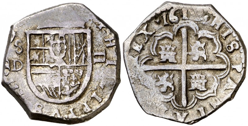 1612. Felipe III. Sevilla. D. 2 reales. (Cal. 391). 6,77 g. Bella pátina. Rara a...