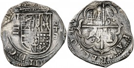 (160)3. Felipe III. Toledo. . 2 reales. (Cal. falta). 6,35 g. Tipo "OMNIVM". Fecha parcialmente visible. Muy rara. ¿Única conocida?. MBC-.