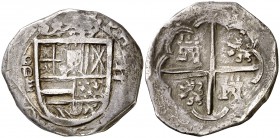 (1599). Felipe III. Valladolid. . 2 reales. (Cal. 418). 6,89 g. Tipo "OMNIVM". Orla interior en anverso. Rara. MBC-.