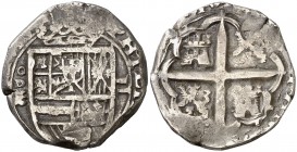 16(¿00?). Felipe III. Valladolid. 2 reales. (Cal. falta). 6,70 g. Tipo "OMNIVM". Orlas interiores. Rara. MBC-.
