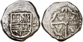 1611. Felipe III. Valladolid. H. 2 reales. (Cal. 422). 6,84 g. Fecha poco visible. Rayitas. Muy rara. MBC-.