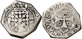 1651. Felipe IV. Pamplona. 2 reales. (Cal. 874) (R.Ros 4.5.9). 6,24 g. Ex HSA 10995. Muy rara. BC+.