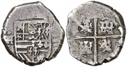 (1623). Felipe IV. Segovia. R. 2 reales. (Cal. 927). 6,32 g. Leones y castillos. Águila en vez de león en las armas de Flandes. Muy rara. MBC-.