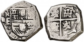 (1623). Felipe IV. Segovia. R. 2 reales. (Cal. 929, mismo ejemplar). 6,93 g. Leones y castillos. Muy rara. MBC-.