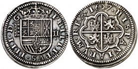 1627. Felipe IV. Segovia. 2 reales. (Cal. 931). 6,51 g. Sin ensayador. Atractiva. Rara y más así. EBC-.