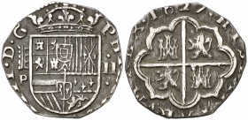 1627. Felipe IV. Segovia. P. 2 reales. (Cal. 932). 3,48 g. Recortada. (MBC+).