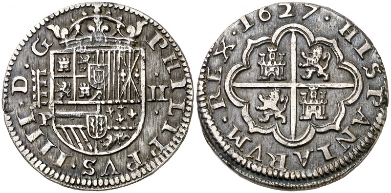 1627. Felipe IV. Segovia. P. 2 reales. (Cal. 932). 6,23 g. Pátina. Buen ejemplar...