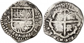 163 (sic). Felipe IV. Toledo. C. 2 reales. Inédita. 6,45 g. Ordinal III, por el aprovechamiento del cuño de un anverso de Felipe III. Acuñación floja....