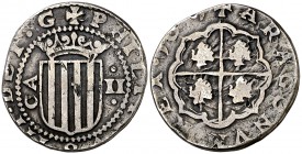 1651. Felipe IV. Zaragoza. 2 reales. (Cal. 965). 4,78 g. Acuñación redonda. Orla interior en anverso. Rara. MBC-.