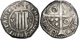 (1641). Guerra dels Segadors. Barcelona. 5 sous. (Cal. tipo 61) (Cru.Segadors 214 var) (Cru.C.G. 4533 var). 5,96 g. Felipe IV. Rayitas en anverso. Ex ...