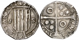 (1641). Guerra dels Segadors. Barcelona. 5 sous. (Cal. tipo 61) (Cru.Segadors 214e) (Cru.C.G. 4533b). 5,92 g. Felipe IV. Buen ejemplar. Muy rara. MBC+...