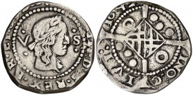 1642. Guerra dels Segadors. Barcelona. 5 sous. (Cal. 96) (Cru.Segadors 229 var) (Cru.C.G. 4538 var). 5,86 g. Lluís XIII. Muy rara. MBC+.