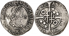 1642. Guerra dels Segadors. Barcelona. 5 sous. (Cal. 96) (Cru.Segadors 231 var) (Cru.C.G. 4539 var). 5,44 g. Lluís XIII. Ex Áureo 22/09/1997, nº 725. ...