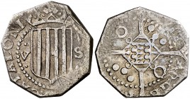 (1641). Guerra dels Segadors. Girona. 5 sous. (Cal. 106) (Cru.Segadors 77) (Cru.C.G. 4605a). 5,69 g. Principat. Escudo girado a derecha. Preciosa páti...