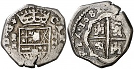 1681. Carlos II. (Madrid). M. 2 reales. (Cal. 577, mismo ejemplar) (Rodríguez Lorente 132, mismo ejemplar). 5,79 g. Ex Colección de 2 reales y 2 escud...