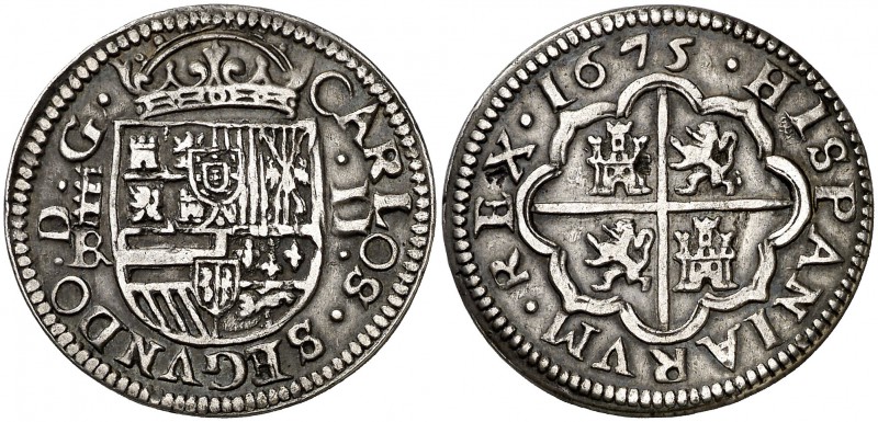1675. Carlos II. Segovia. . 2 reales. (Cal. 638) 6,50 g. Mínimas hojitas en reve...