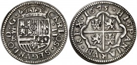 1675. Carlos II. Segovia. . 2 reales. (Cal. 638) 6,50 g. Mínimas hojitas en reverso. Preciosa pátina. Ex Áureo 20/10/1999, nº 1704. Muy rara y más así...