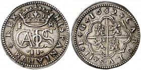 1682. Carlos II. Segovia. M. 2 reales. (Cal. 639). 5,87 g. El 8 de la fecha a las 12h del reloj. Leves marquitas. Pátina. Muy bella. Escasa y más así....