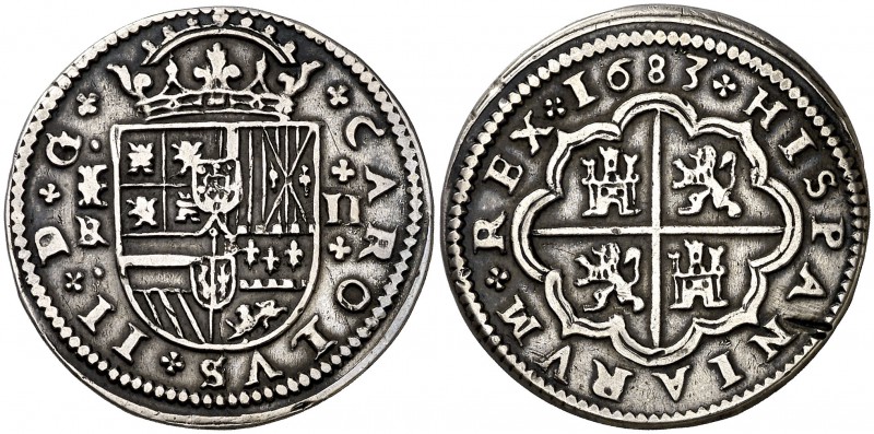 1683. Carlos II. Segovia. . 2 reales. (Cal. 640 var). 6,32 g. Muy rara así. MBC+...
