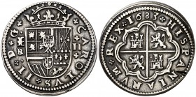 1683. Carlos II. Segovia. . 2 reales. (Cal. 640 var). 6,32 g. Muy rara así. MBC+.