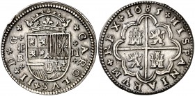 1685/4. Carlos II. Segovia. . 2 reales. (Cal. 645). 6,30 g. Golpecito en canto. Atractiva. Ex Áureo 21/10/2003, nº 425. Muy rara. EBC-.