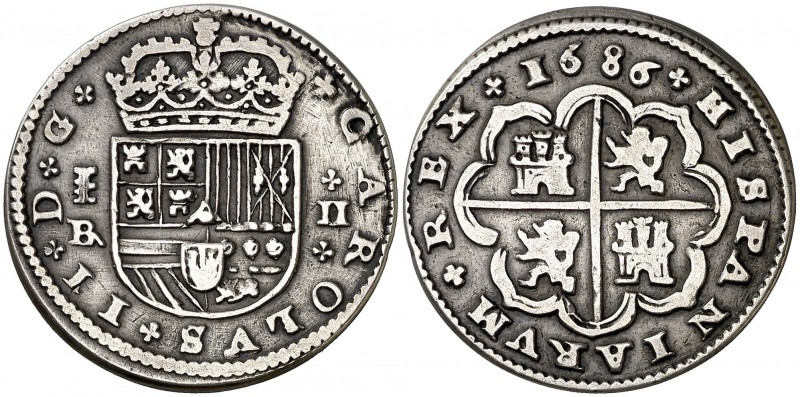 1686. Carlos II. Segovia. . 2 reales. (Cal. 648). 6,30 g. Escudo ancho. Rayitas ...