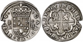 1686. Carlos II. Segovia. . 2 reales. (Cal. 648). 5,26 g. Escudo estrecho. Grieta y pequeño vano en reverso. Atractiva. Rara. (EBC-).