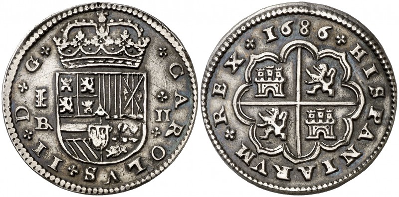 1686. Carlos II. Segovia. . 2 reales. (Cal. 648). 7,07 g. Escudo ancho. Rayitas,...