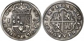 1686. Carlos II. Segovia. . 2 reales. (Cal. 648). 7,07 g. Escudo ancho. Rayitas, pero buen ejemplar. Ex Áureo 21/05/1998, nº 761. Rara así. EBC-.