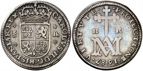 1687. Carlos II. Segovia. . 2 reales. (Cal. 649). 5,22 g. Tipo "María". Buen ejemplar. Rara. MBC+.