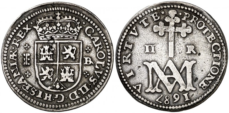 1687. Carlos II. Segovia. . 2 reales. (Cal. 650). 5,21 g. Tipo "María". Rara. MB...