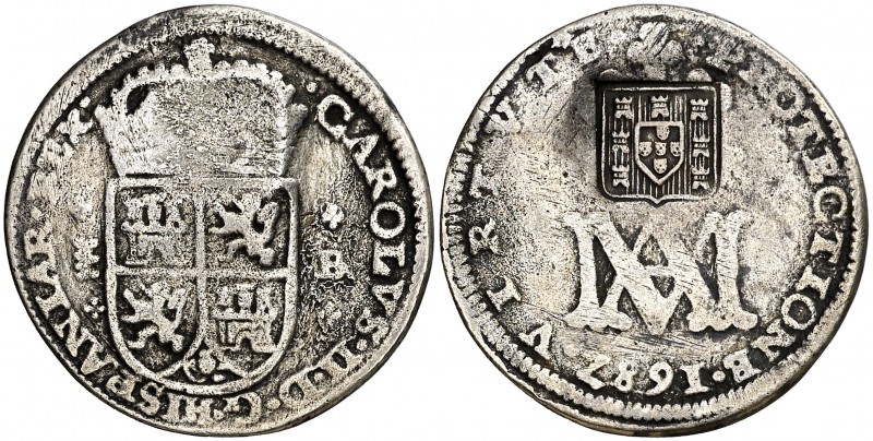 1687. Carlos II. Segovia. . 2 reales. 4,63 g. Tipo "María". Resello: escudo de P...