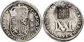 1687. Carlos II. Segovia. . 2 reales. 4,63 g. Tipo "María". Resello: escudo de Portugal (MBC+) (De Mey 406) para circular por Brasil. Muy raro sobre e...