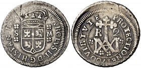 1700. Carlos II. Sevilla. M. 2 reales. (Cal. 654 var). 5,09 g. Tipo "María". Orla interior sólo en reverso. Valor: 2. Acuñación floja en pequeñas zona...