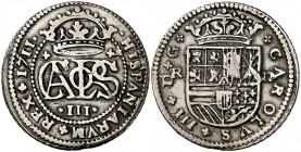 1711. Carlos III, Pretendiente. Barcelona. 2 reales. (Cal. 27 var). 4,86 g. Sin puntos acotando el valor. MBC/MBC+.