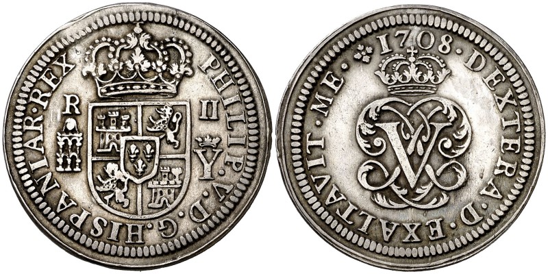1708. Felipe V. Segovia. Y. 2 reales. (Cal. 1381). 5,87 g. Leves rayitas. Buen e...