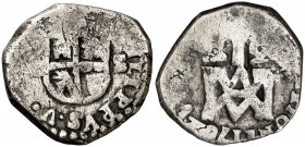 1702. Felipe V. Sevilla. M. 2 reales. Inédita. 5,31 g. Tipo "María". Visible el nombre y el ordinal del rey. Rarísima. ¿Única conocida?. BC+.