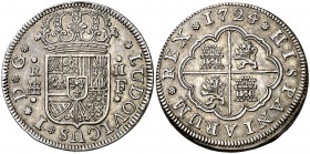 1724. Luis I. Segovia. F. 2 reales. (Cal. 41). 5,41 g. Bella. Rara así. EBC.