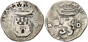s/d (1577-1582). Felipe II. Segovia. . 1 cuartillo. (Cal. 853 var) (J.S. A-175). 2,41 g. Acueducto de dos arcos y dos pisos en anverso, y tres arcos y...