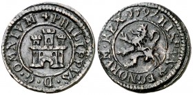 1597. Felipe II. Segovia. 1 maravedí. (Cal. 869) (J.S. B-18). 1,64 g. Sin indicación de ceca ni valor. Rara y más así. MBC+.