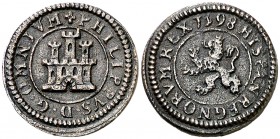1598. Felipe II. Segovia. 1 maravedí. (Cal. 870) (J.S. B-19). 1,81 g. Sin indicación de ceca ni valor. Escasa. MBC+/MBC.