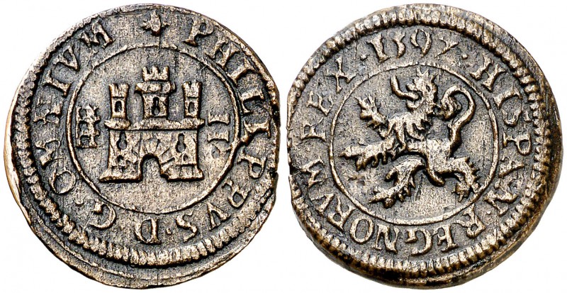 1597. Felipe II. Segovia. 2 maravedís. (Cal. falta) (J.S. B-10). 3,38 g. Acueduc...