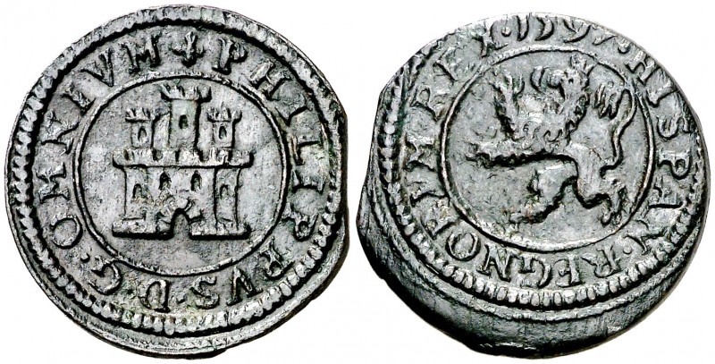 1597. Felipe II. Segovia. 2 maravedís. (Cal. 867) (J.S. B-12). 3,25 g. Sin indic...