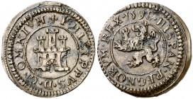 1598. Felipe II. Segovia. 2 maravedís. (Cal. 868) (J.S. B-16). 2,94 g. Sin indicación de ceca ni valor. Castillo con cuatro ventanas y tres almenas en...